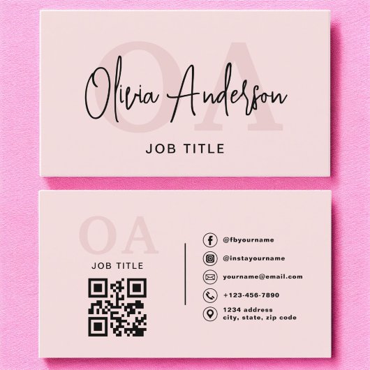 Monogram Blush Pink QR Code Modern Minimalist Visitekaartje