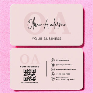 Monogram Blush Pink QR Code Modern Minimalist Visitekaartje