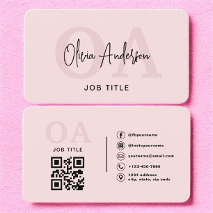 Monogram Blush Pink QR Code Modern Minimalist Visitekaartje