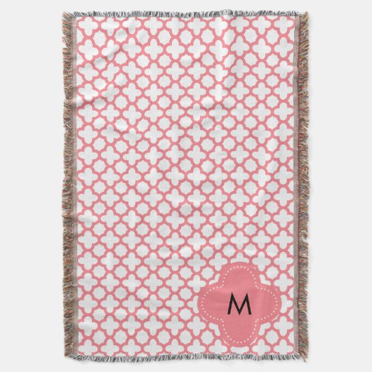 Monogram Blush Pink Quatrefoil Patroon Deken (Voorkant Verticaal)