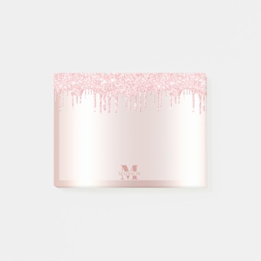 Monogram Blush Roos Goud Dripping Glitter Metallic Post-it® Notes (Voorkant)