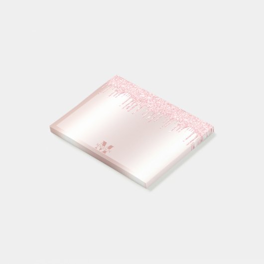 Monogram Blush Roos Goud Dripping Glitter Metallic Post-it® Notes (Schuin)