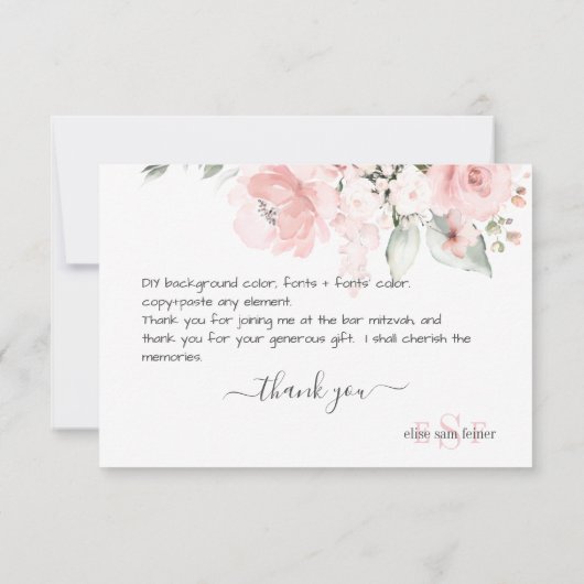 Monogram Blush Roses Waterverf Flowers Bedankkaart (Achterkant)