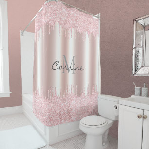 Monogram Blush Roze Dbl Daling Glitter Metallic Douchegordijn