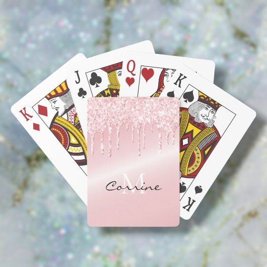 Monogram Blush Roze Metallic Dripping Glitter Pokerkaarten