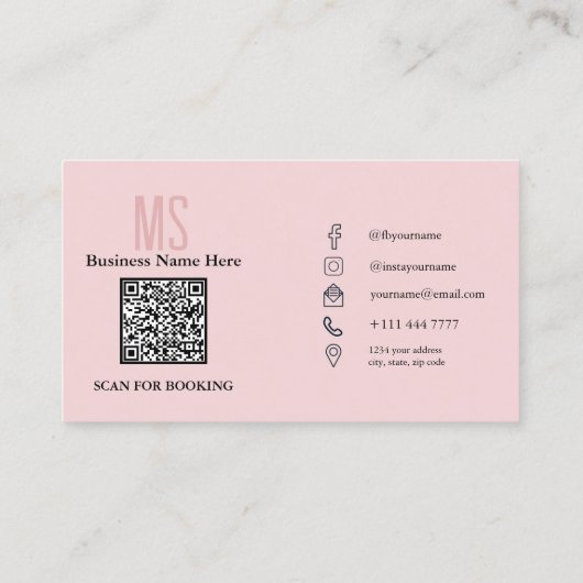 Monogram Blush Roze Minimalistische Moderne QR Cod Visitekaartje (Achterkant)