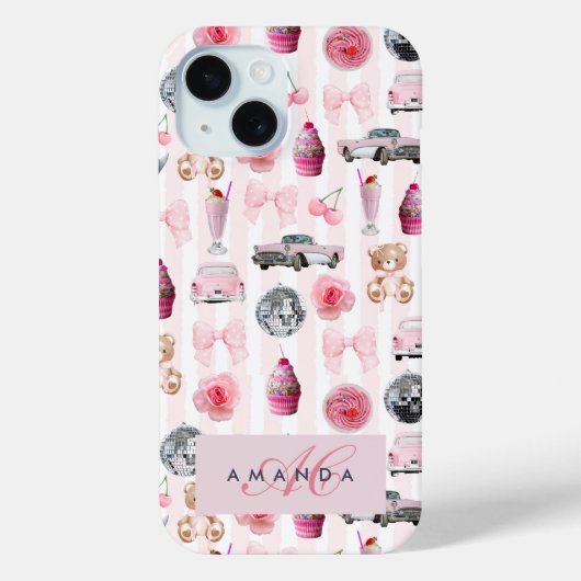 Monogram Blush Roze Retro Disco Ball Coquette Case-Mate iPhone Case (Achterkant)