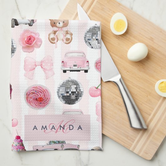 Monogram Blush Roze Retro Disco Ball Coquette Theedoek (Quarter Fold)