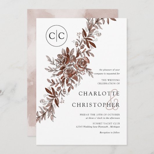 Monogram blush roze waterverf bloemenbruiloft kaart (Voorkant / Achterkant)