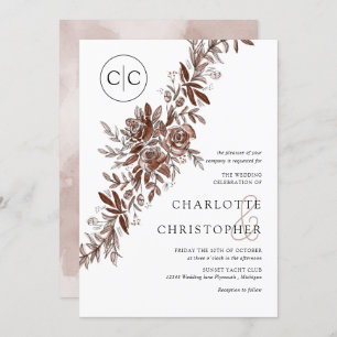 Monogram blush roze waterverf bloemenbruiloft kaart