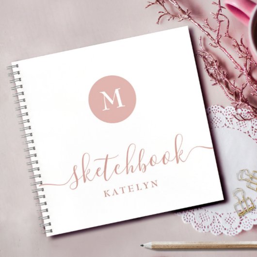Monogram Blush Roze Wit Schetsboek Eenvoudig Moder Notitieboek