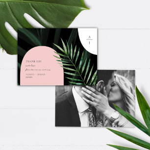 Monogram bogen tropische bruiloft foto bedankkaart