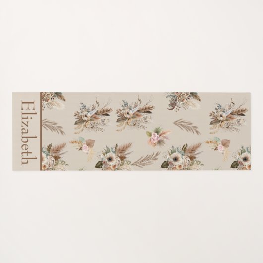Monogram Boho Beige Bruin Botanisch Gras Bloemen Yogamat (Achterkant (horizontaal))