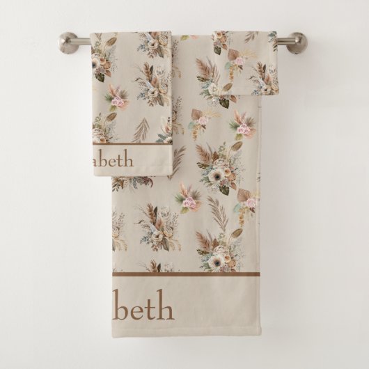 Monogram Boho Beige Bruine Botanische Gras Bloemen Bad Handdoek (Insitu)