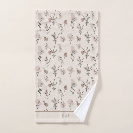 Monogram Boho Beige Crème Bruin Roze Bloemmotief  Bad Handdoek (Handdoek)