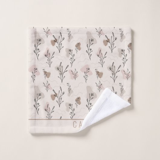 Monogram Boho Beige Crème Bruin Roze Bloemmotief Bad Handdoek (Wasdoekje)