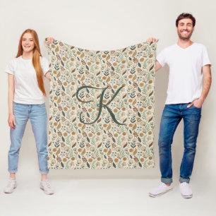 Monogram Boho Bladeren Botanisch Bruin Groen Beige Fleece Deken