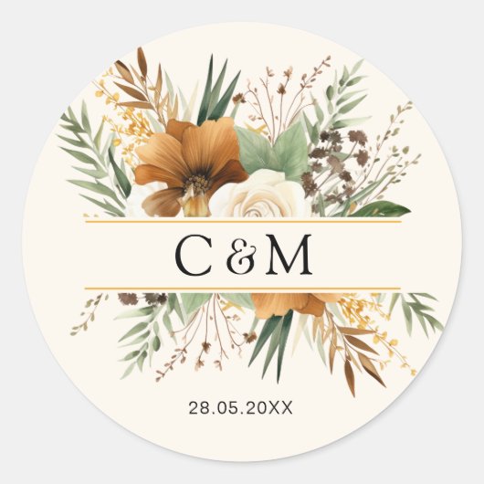 Monogram, boho , elegante bloemenboeket ronde sticker (Voorkant)