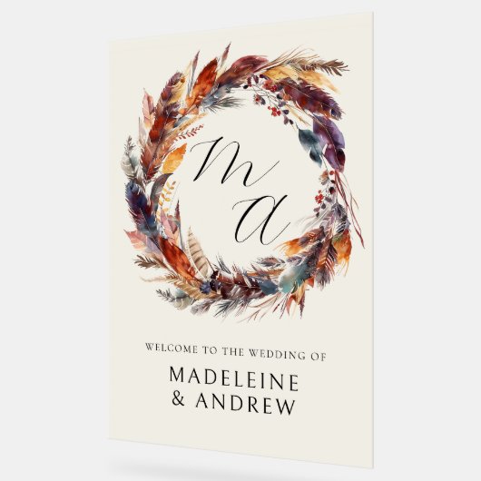 Monogram Boho Feathers Wreath Mariage Bienvenue (Angle)