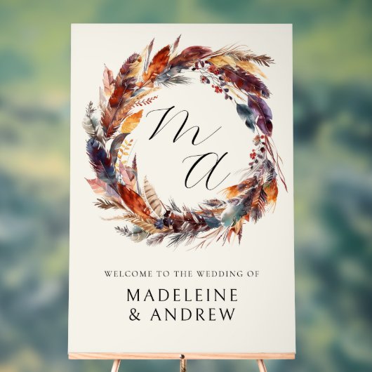 Monogram Boho Feathers Wreath Mariage Bienvenue (Neutre)
