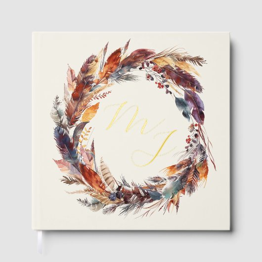 Monogram Boho Feathers Wreath Mariage Gold Foil (Recto)