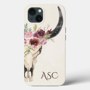Monogram Boho Floral Skull op Cream Background iPhone 13 Hoesje