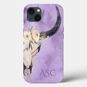 Monogram Boho Floral Skull op Paarse achtergrond iPhone 13 Hoesje