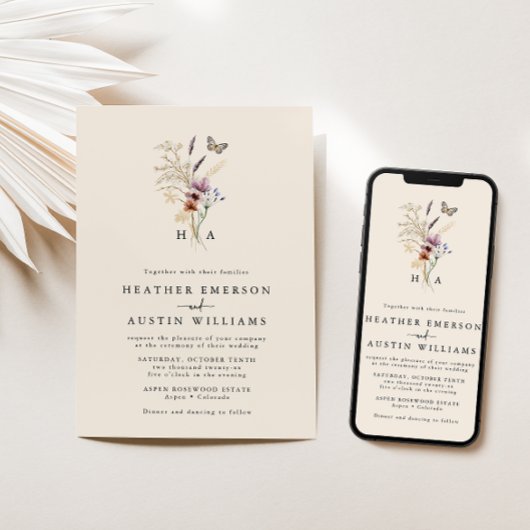Monogram Boho Floral Wedding Uitnodiging
