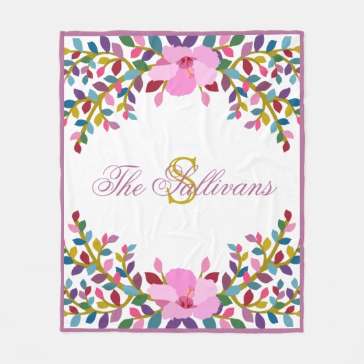 Monogram Boho Foliage Hibiscus Fleece Blanket (Voorkant)