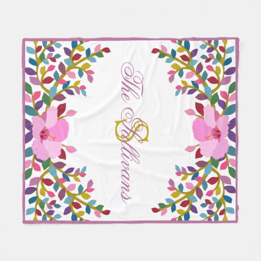 Monogram Boho Foliage Hibiscus Fleece Blanket (Voorkant (Horizontaal))