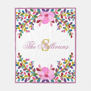 Monogram Boho Foliage Hibiscus Fleece Blanket Deken