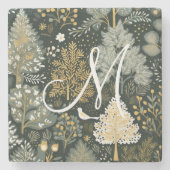 Monogram  Boho Green Gold Kerstbomen Stenen Onderzetter (Voorkant)