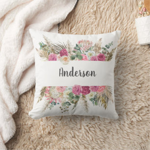 Monogram Boho Pink Floral Pampas Grass Botanical Kussen