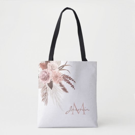 Monogram Boho Pink Pampas Grass Dried Flowers Draagtas (Voorkant)