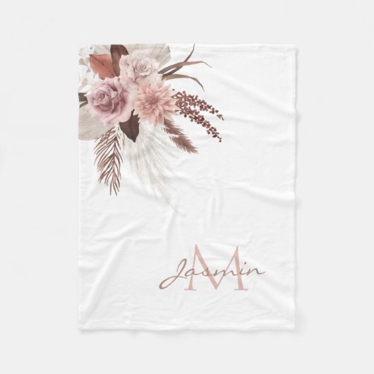 Monogram Boho Pink Pampas Grass Dried Flowers Fleece Deken (Voorkant)