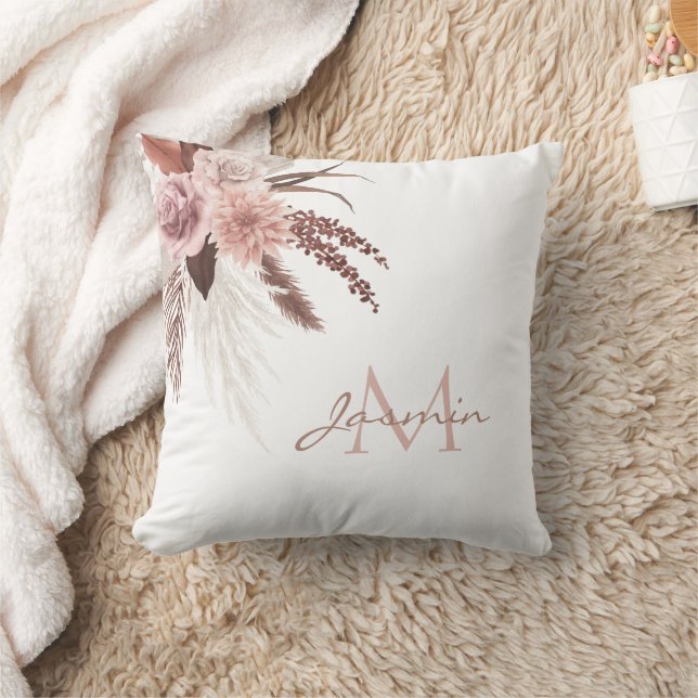 Monogram Boho Pink Pampas Grass Dried Flowers Kussen (Deken)