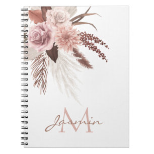 Monogram Boho Pink Pampas Grass Dried Flowers Notitieboek