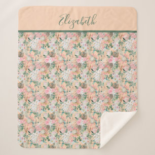 Monogram Boho Pink Peach White Floral Sherpa Deken