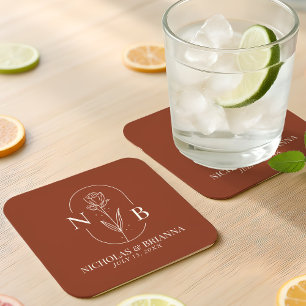 Monogram Boho Terracotta Gebrande Oranje Bruiloft Vierkante Kartonnen Onderzetter
