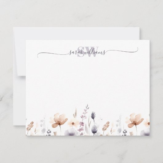 Monogram Boho Waterverf Wildflower Script naam Notitiekaartje (Voorkant)