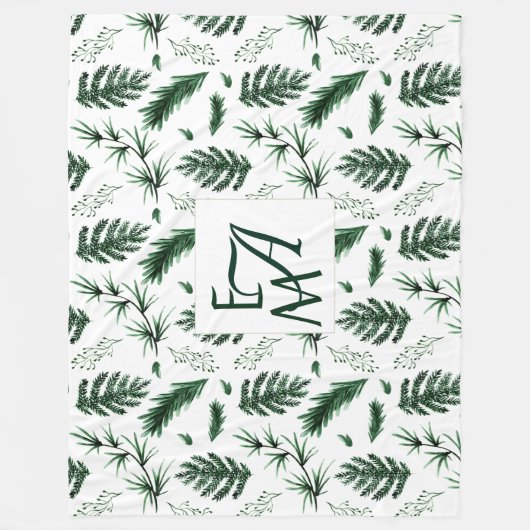 Monogram bosgroene bladeren botanisch 3 initialen fleece deken (Voorkant)