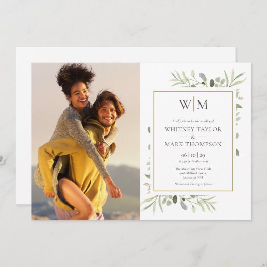 Monogram Botanische Groene Foto Bruiloft Kaart (Voorkant / Achterkant)