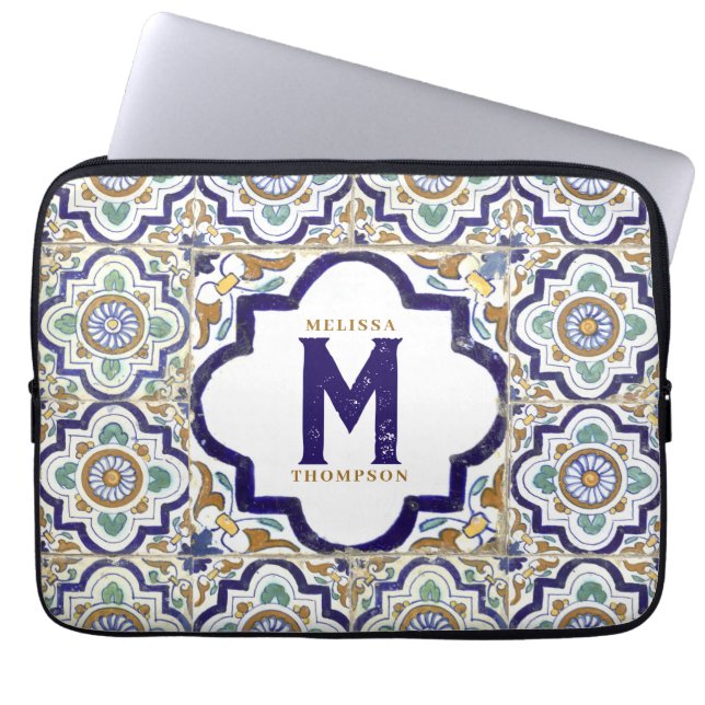  monogram botanische siertegels laptop sleeve (Voorkant)