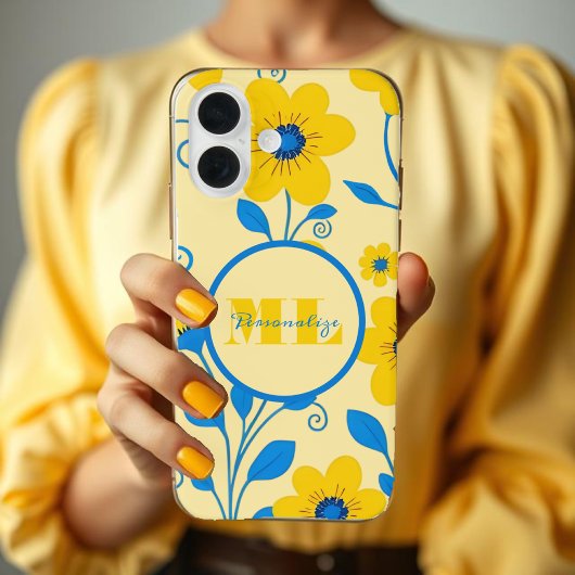 Monogram Boter Geel en Blauw Bloemen Case-Mate iPhone Case