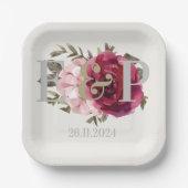 Monogram Bourgogne Blush Bloemen Bruiloft Papieren Bordje (Voorkant)