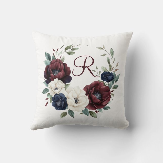 Monogram Bourgondië Maroon Navyblauw Wit Bloem Kussen (Achterkant)