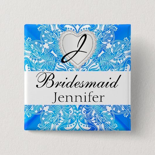 Monogram Bridal Party Blue Satin Design Vierkante Button 5,1 Cm (Voorkant)