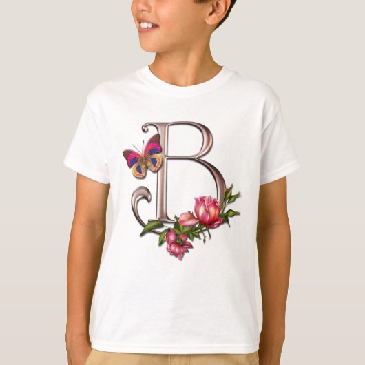 MONOGRAM BRIEF B MET ROZEN EN BUTTERFLES T-SHIRT (Voorkant)
