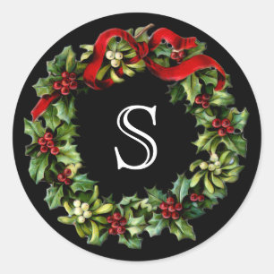 Monogram brief Holly krans Kerstmis Ronde Sticker