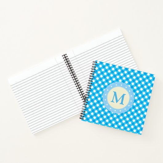 Monogram Bright Blue Gingham Pattern Notitieboek (Binnen)